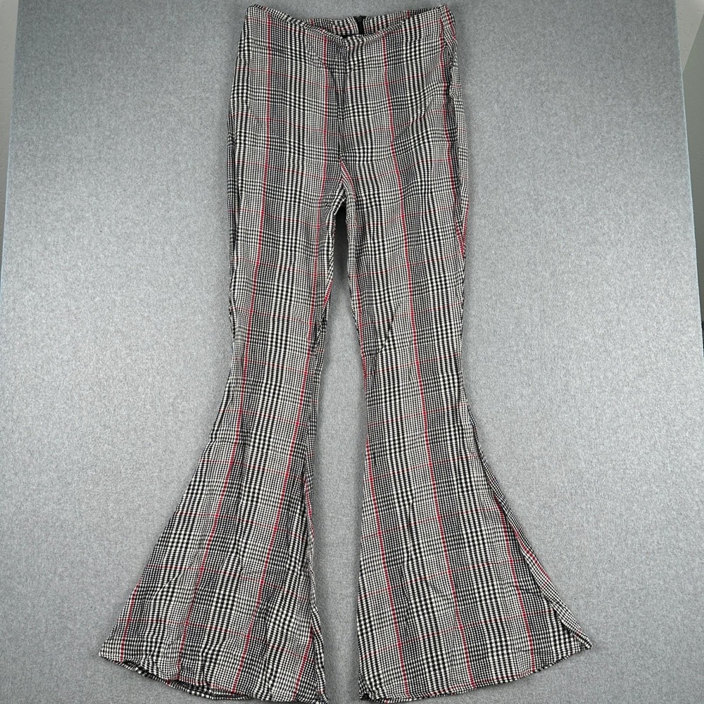 ASOS Pants Womens 10 Black White Red Glen Plaid Flare Leg High Rise Trousers